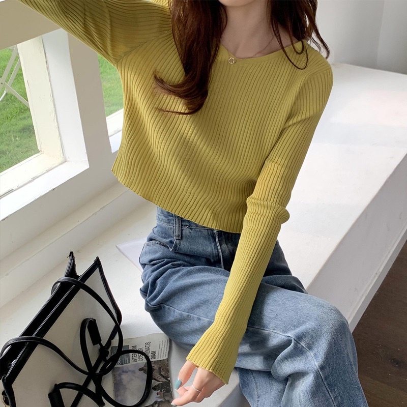 Áo len dài tay áo croptop len tăm gân to, dáng ngắn cổ tròn cổ tim, ống tay xoăn bèo dễ thương - shopbelinh