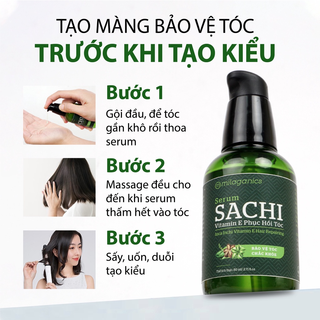 Serum Phục Hồi Tóc Vitamin E & Sachi Dưỡng Tóc Uốn Nhuộm, Khô Xơ, Tạo Nếp Khi Sấy Tóc MILAGANICS 80ml