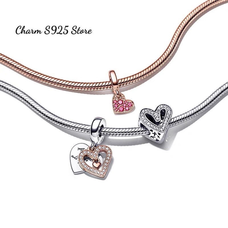 CHARM PAN ALE TREO TIM VÀNG HỒNG ĐÍNH ĐÁ ĐỎ BẠC S925 CAO CẤP