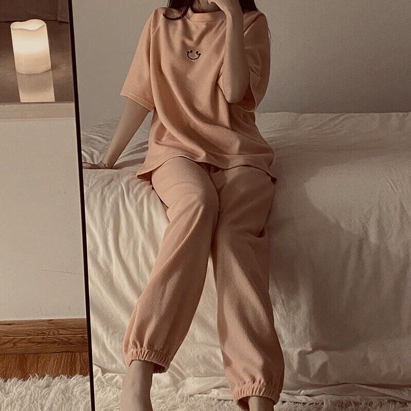 Bộ icon mặt cười, hình thêu, quần bo gấu, áo thun tay lỡ chất bo tăm