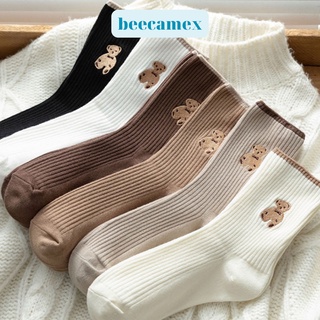 Combo 5 đôi tất nữ cổ cao BEECAMEX, vớ nữ vải cotton thêu hình chú gấu hoạt hình phong cách Hàn Quốc