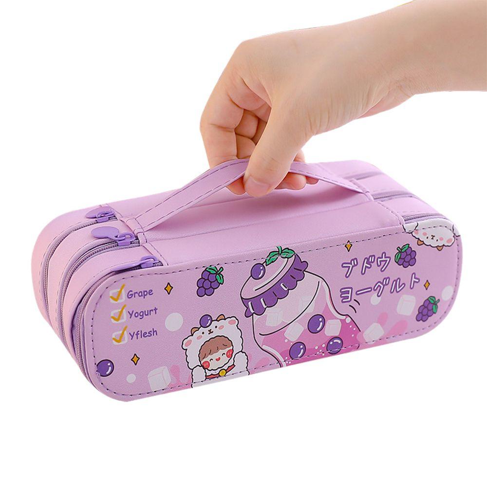 LEISURE Túi Đựng Bút Bằng Vải Bạt Ba Lớp Họa Tiết Biến Hình Đáng Yêu Sức Chứa Lớn