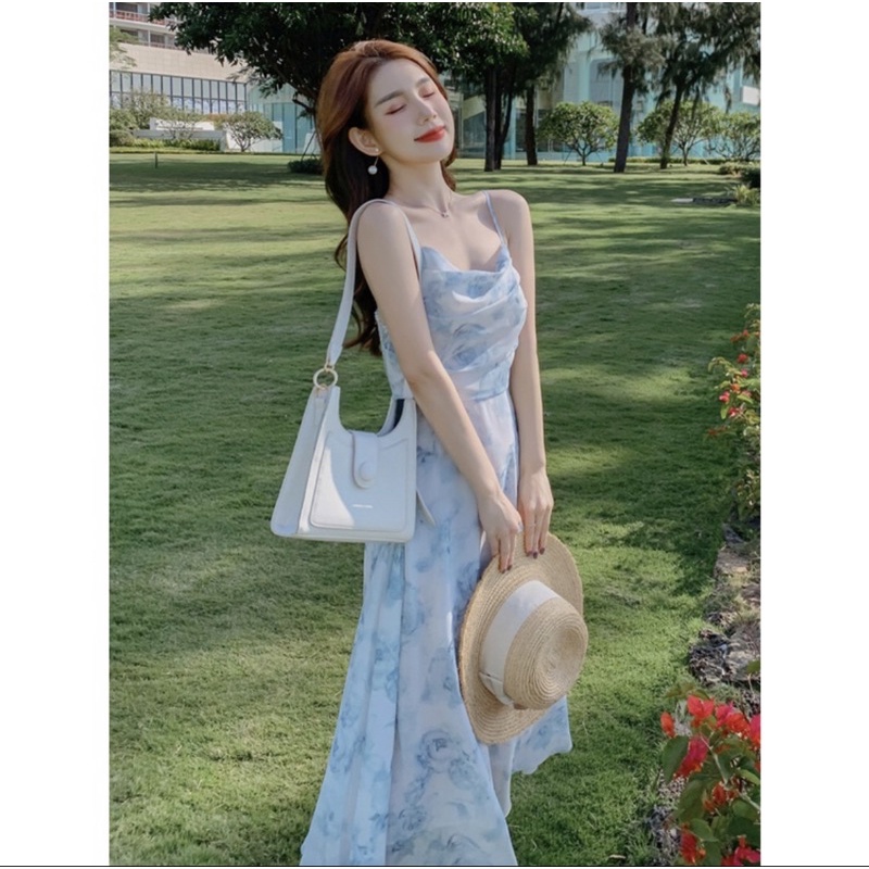 Đầm voan hoa 2 dây mocking lưng phong cách Retro