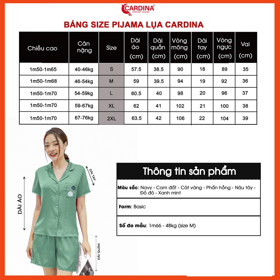 Đồ bộ pijama nữ CARDINA chất lụa satin Nhật cao cấp áo cộc tay quần đùi viền ren mềm mại thoáng mát 1Pi23