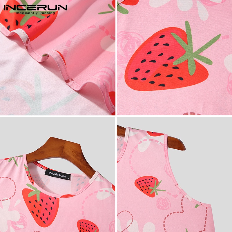 Áo lửng INCERUN không tay xẻ tà họa tiết in dâu tây dễ thương thời trang dành cho nam