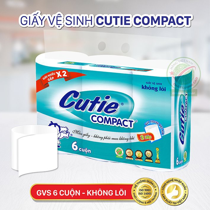 Lốc 6 cuộn Giấy vệ sinh Cutie Compact không lõi