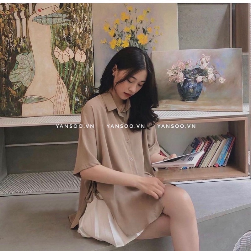 Áo somi from rộng tay ngăn , áo so mi kiểu Hàn Quốc nữ vạt tông kèm nơ sườn by YANSOO