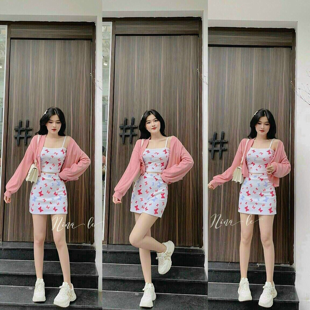 Set váy áo croptop đi chơi, set chân váy hoa áo ống 2 dây đi dự tiệc phong cách cá tính phối khoác tay dài