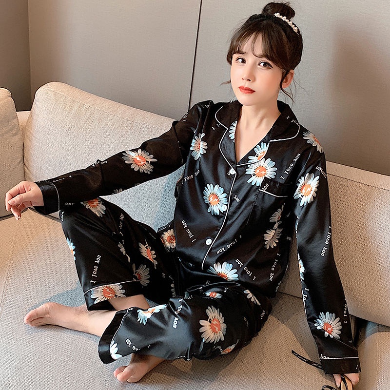 Bộ đồ ngủ tay dài chất vải như lụa mỏng thời trang xuân thu cho nữ