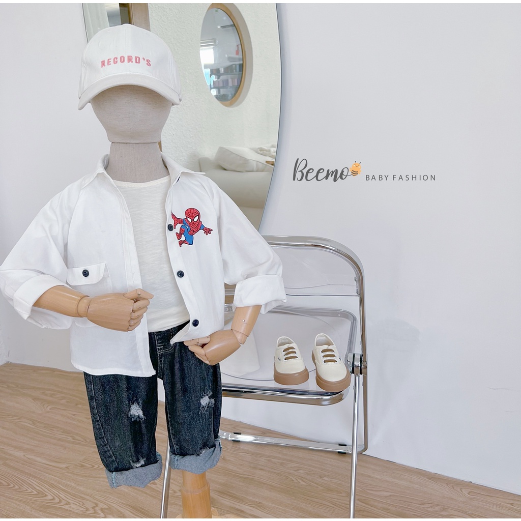 Áo sơ mi dài tay Beemo in hình người nhện phối túi vải thô mặc đi học, sự kiện 2 màu cho bé trai từ 1 đến 6 tuổi 22145A2
