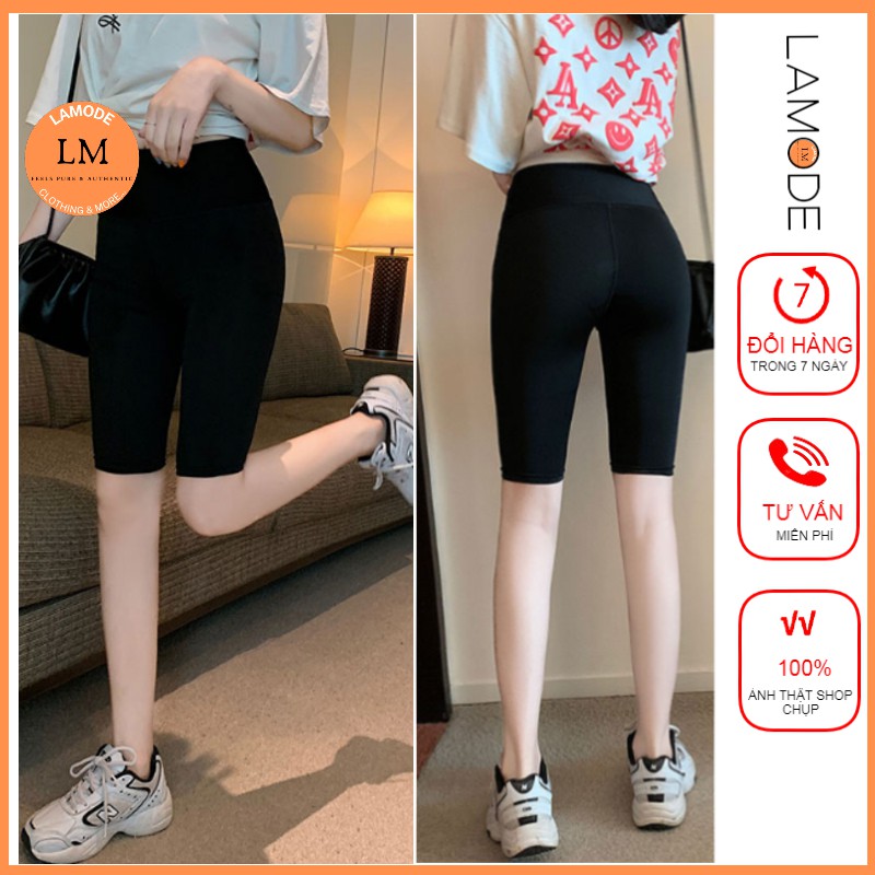 Quần legging lửng LAMODE vải thun cao cấp biker nữ đùi ngố đồ mặc nhà dáng ôm bó lưng thun tập gym yoga bigsize
