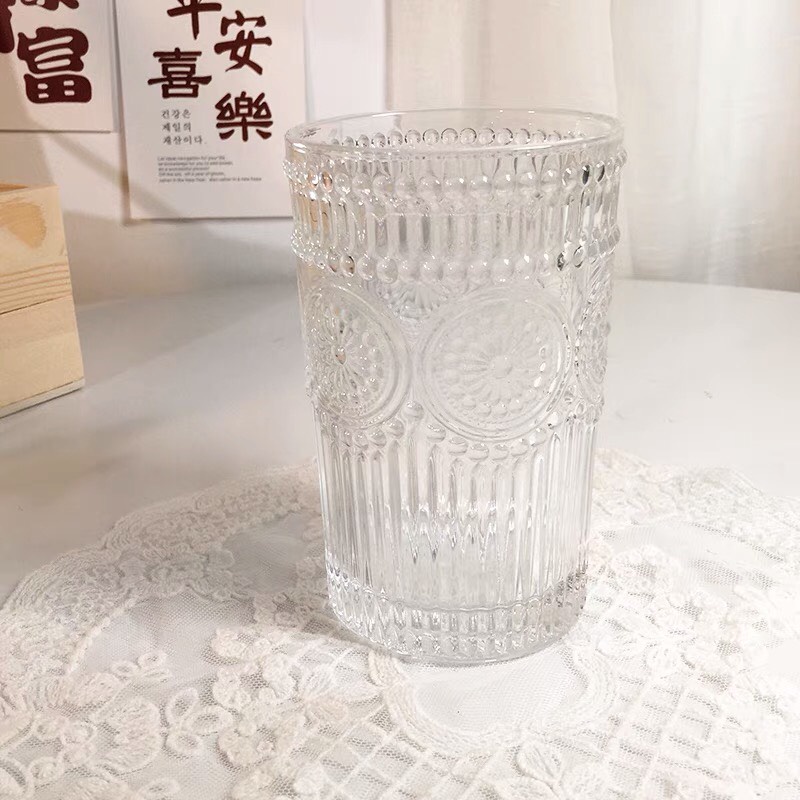 Cốc thuỷ tinh khắc hình hoa hướng dương vintage dùng uống nước trà cafe decor trang trí ly thuỷ tinh giá rẻ MinHome CTT5