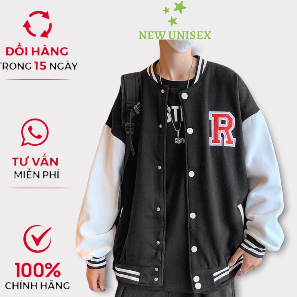 Áo Khoác Bomber Nam Nữ Chất Vải Nỉ Cúc Bấm Thêu Nổi Chữ R Hot Trend