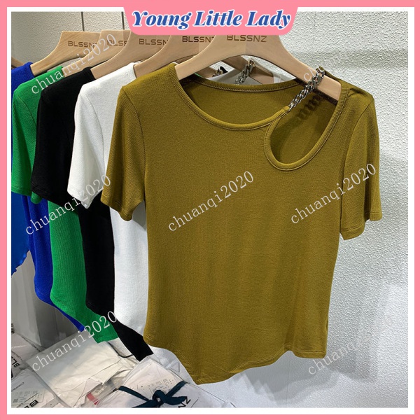 Irregular Klein Blue Short-Sleeved T-shirt Women's Design Sense Niche New Style Short Summer Collarbone Hollow Top Fashion