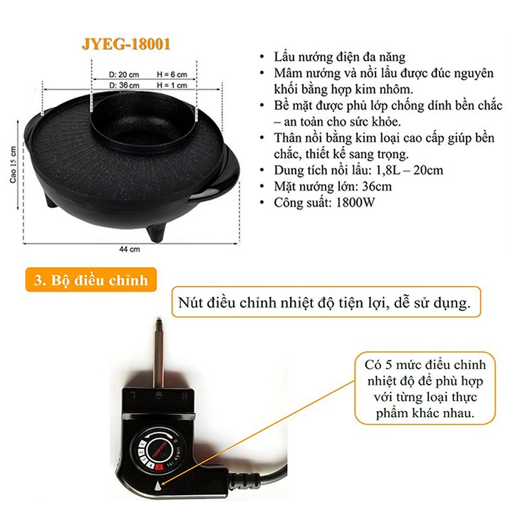 Lẩu nướng điện đa năng 1800W J&Y JYEG-18001