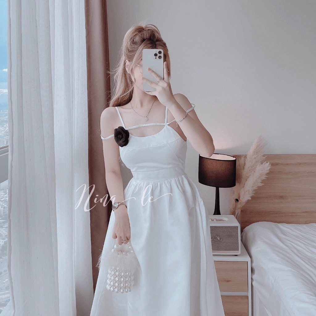 Váy đầm nữ dạ hội dáng xòe,đầm trắng 2 dây đính nơ đen trước ngực,đầm lụa dây kiểu rớt vai dự tiệc sang trọng, quyến rũ