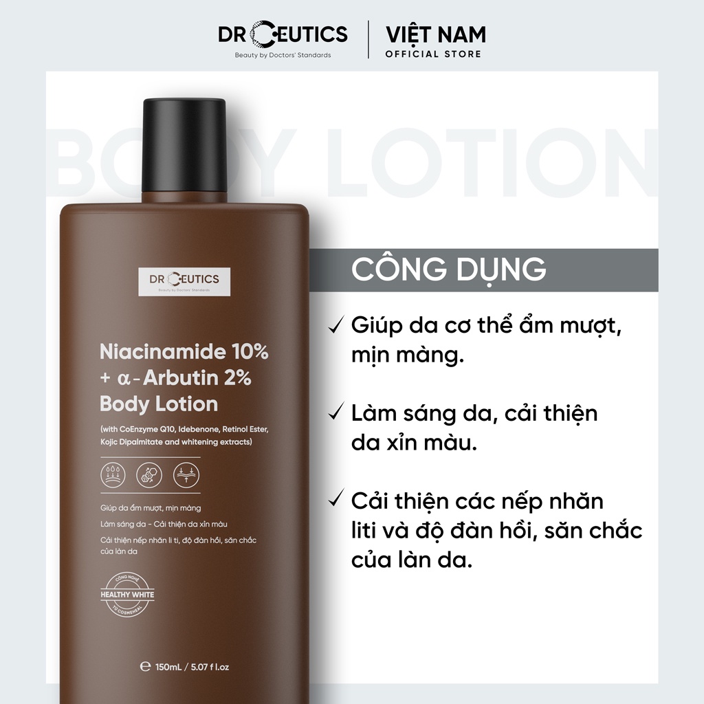 DrCeutics Sữa Dưỡng Thể NIACINAMIDE 10% + α- ARBUTIN 2% BODY LOTION Giúp da cơ thể ẩm mượt, mịn màng