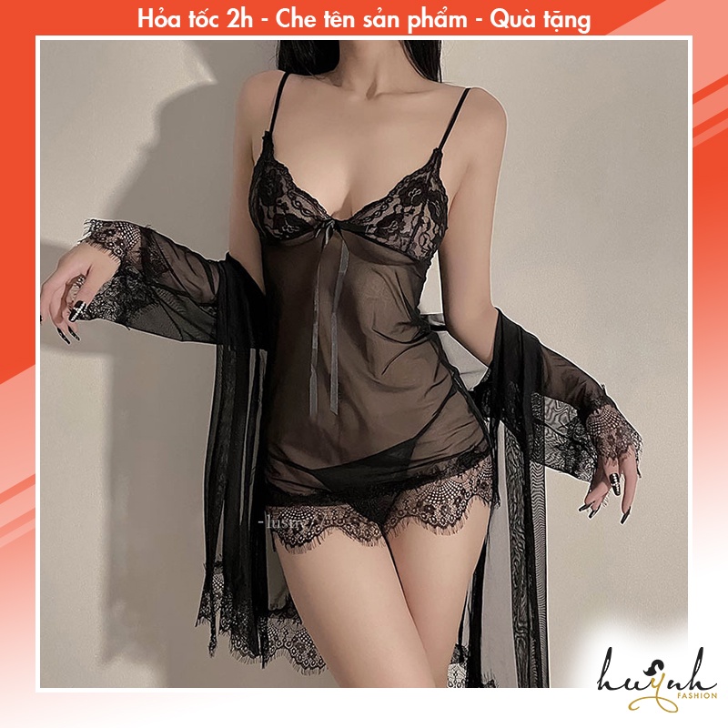Váy Ngủ Kèm Áo Choàng Phối Ren Xuyên Thấu Gợi Cảm - N14
