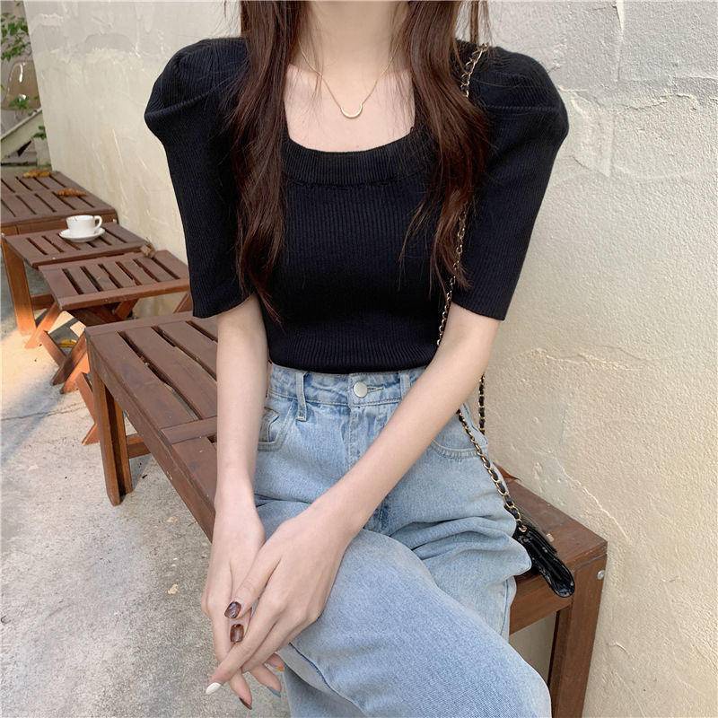 Áo Dệt Kim Tay Phồng Ngắn Cổ Vuông Dáng Ôm Kiểu Pháp Thời Trang Cho Nữ