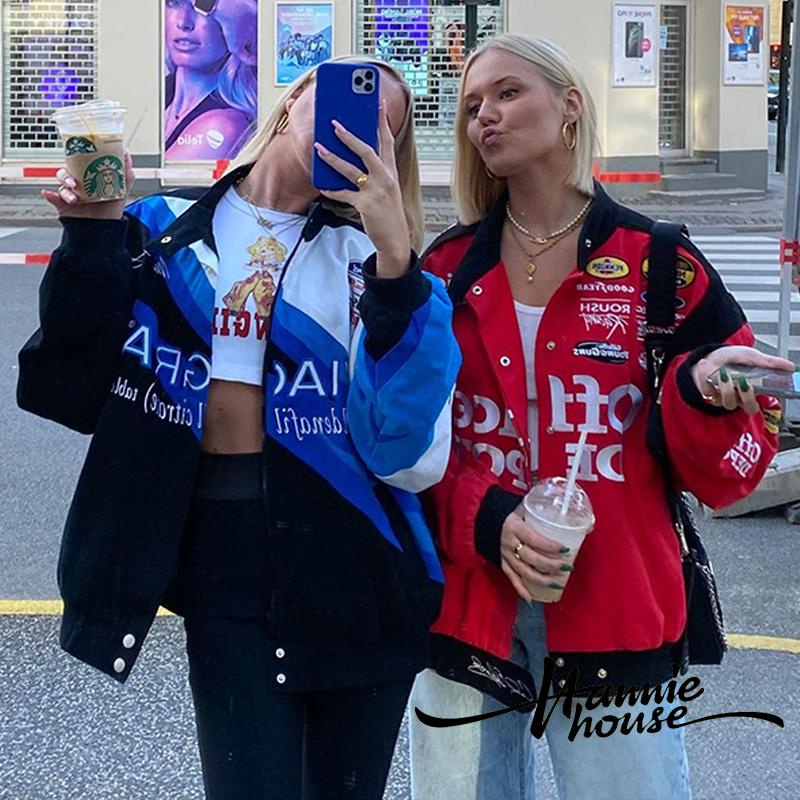 Áo khoác bóng chày tay dài cổ đứng in chữ phối màu phong cách hip hop thời trang cho nữ