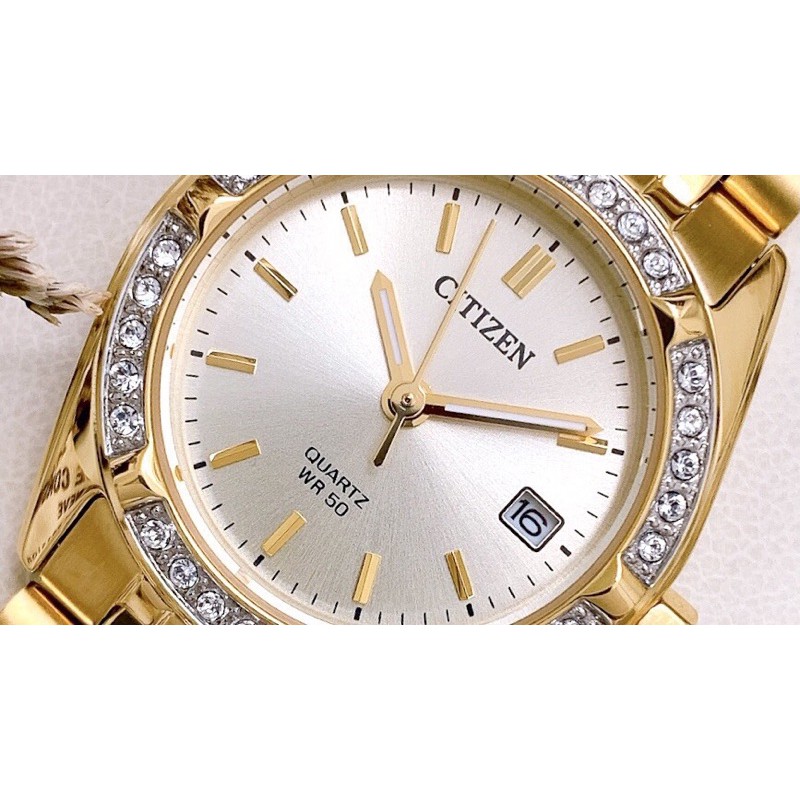 Đồng hồ nữ chính hãng Citizen EU6062-50P Full vàng đính đá size 26mm Dây kim loại