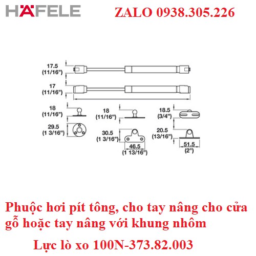 Phuộc hơi pít tông, cho tay nâng cho cửa gỗ hoặc tay nâng với khung nhôm,lực lò xo 100N 373.82.003