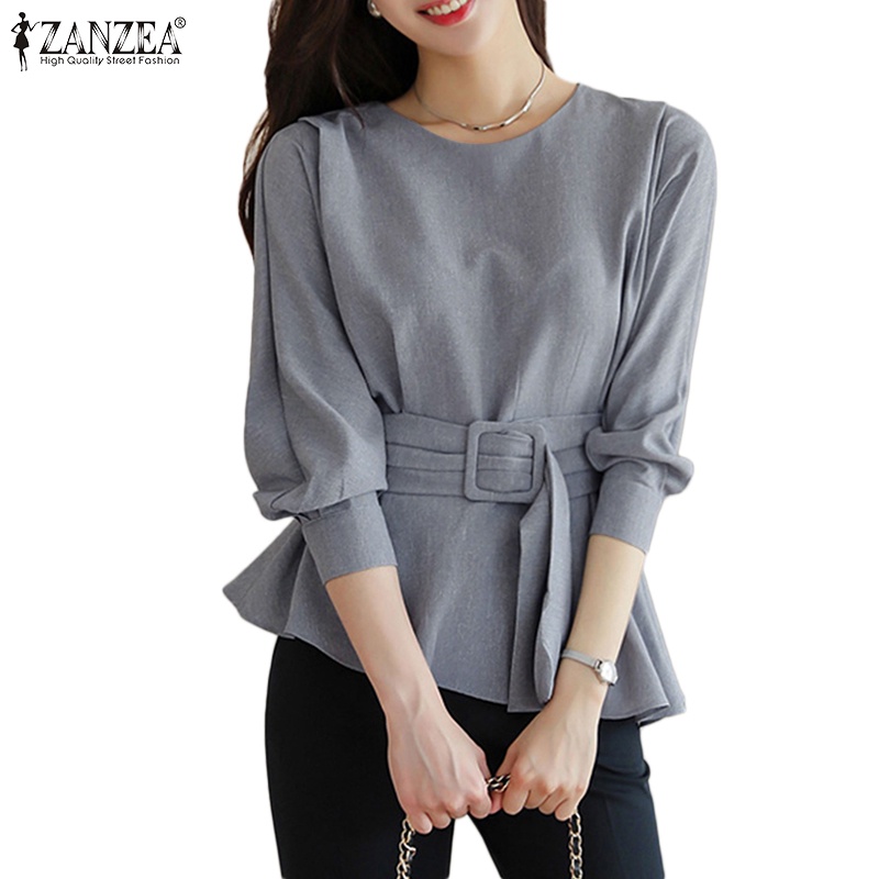 ZANZEA Áo Kiểu Hàn Quốc Tay Dài Cổ Tròn Buộc Eo Thời Trang Cho Nữ
