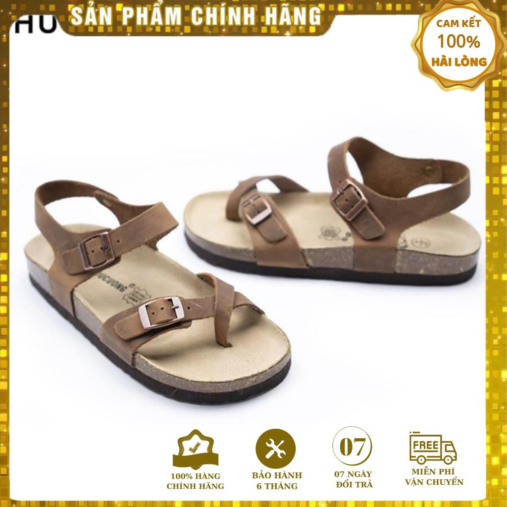 Sandal HuuCuong xỏ ngón da bò nâu đế trấu