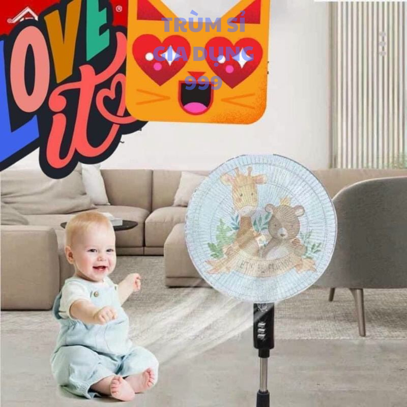 lưới bọc quạt 3d họa tiết có dây rút ở sau, Lưới bọc quạt chống kẹp tay an toàn cho bé có dây rút vô cùng tiện lợi