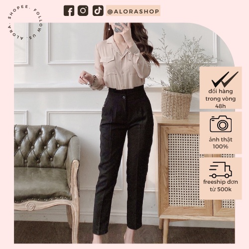 Cả set chỉ với giá 319k Set áo sơ mi cổ vest tay dài quần baggy vải khaki cạp xếp ly thời trang nữ ALORA