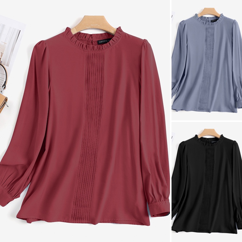 Áo kiểu ZANZEA dáng rộng tay phồng màu trơn phong cách Hồi giáo retro thời trang cho nữ
