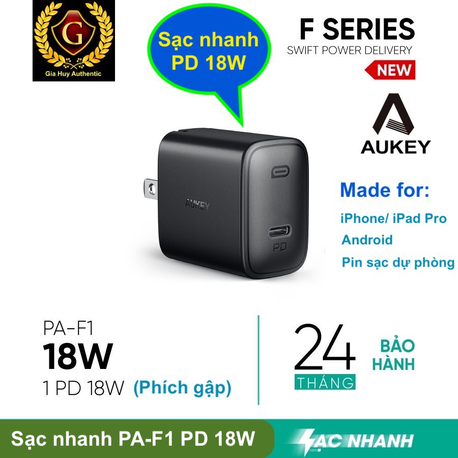 Củ sạc nhanh iP13 Series, iP12 Series, iP11 Series, Air-Pod.s-Pro, S10, Note 10 AUKEY PA-F1 USB-C PD 18W / QC 3.0 18W