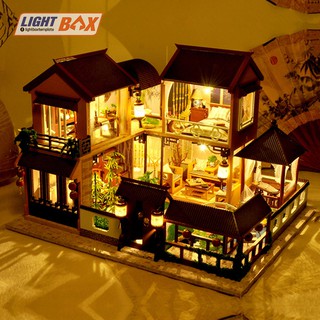Nhà búp bê Tự làm bằng gỗ [Nhà ÁNH TRĂNG BÊN HỒ SEN có nội thất & đèn led ] Tặng kèm CÓT NHẠC + khung MICA + dụng cụ keo