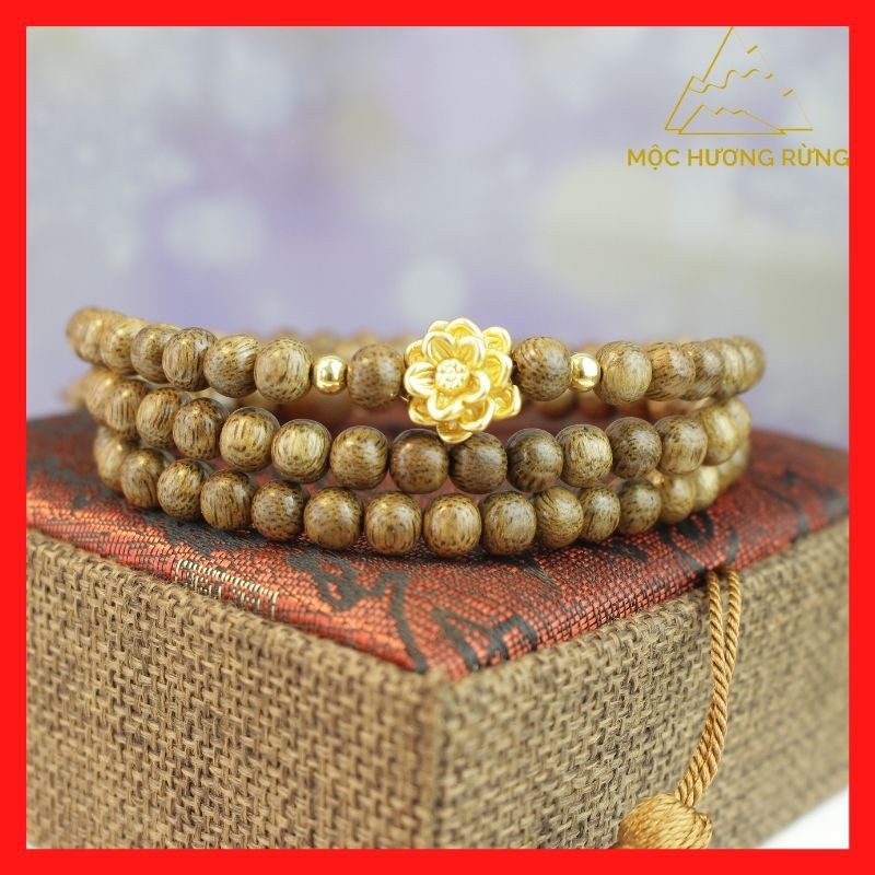 Vòng trầm Hương 108 Hạt- Mix Bông Sen Bạc Mạ Xi Vàng SIze 6-7-8mm Cho Nữ