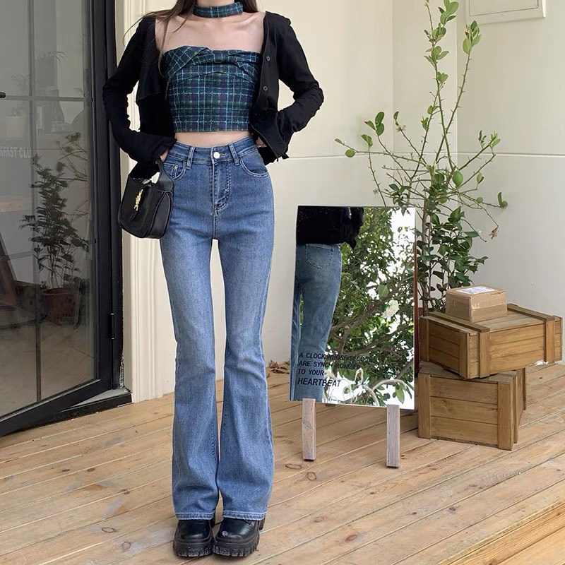 Quần jean bò nữ ống loe dáng dài cạp lưng cao trơn phong cách Ulzzang Hàn thời trang cá tính sành điệu Kozoda QJ8