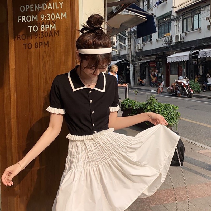 Áo Thun Polo Ngắn Tay Họa Tiết Kẻ Sọc Màu Sắc Tương Phản Thời Trang Mùa Hè Cho Nữ