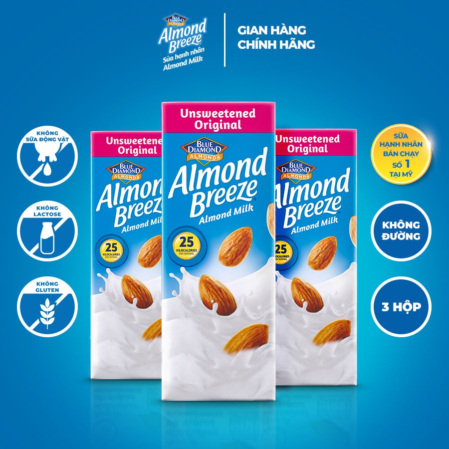 [ALMO1621 giảm 10% HĐ 132k] Sữa hạt hạnh nhân ALMOND BREEZE Nguyên chất không đường 180ml (Lốc 3 h