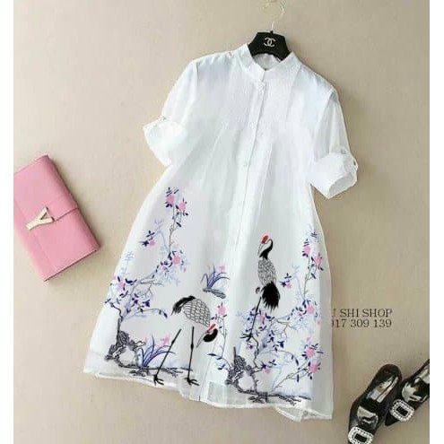 ĐẦM SUÔNG SƠ MI TRẮNG IN CHIM HẠC #damsuong | BigBuy360 - bigbuy360.vn