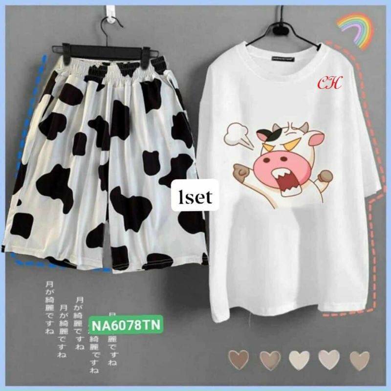 [Sẵn] SÉT Đồ bộ Nam nữ  Áo Bò Sữa Kute + quần short; set áo thun tay lỡ +quần đùi Unisex phong cách Ullzzang Hàn Quốc