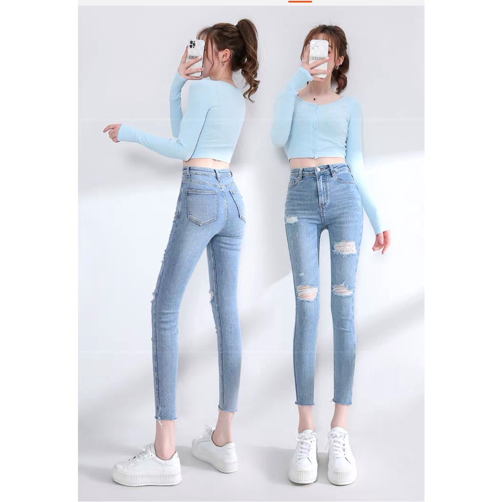 Quần jean nữ Big Size 9 tấc rách xanh nhạt rách nhiều dành cho người béo 4330 MLJ