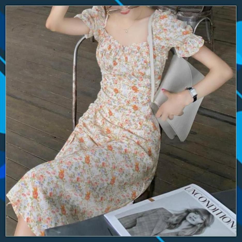 Váy Xòe Nữ, Đầm Hoa Tay Nhún Xếp Ly Ngực Rút Dây Xẻ Tà Chất Voan Lụa Mềm Mịn Siêu Sang. .