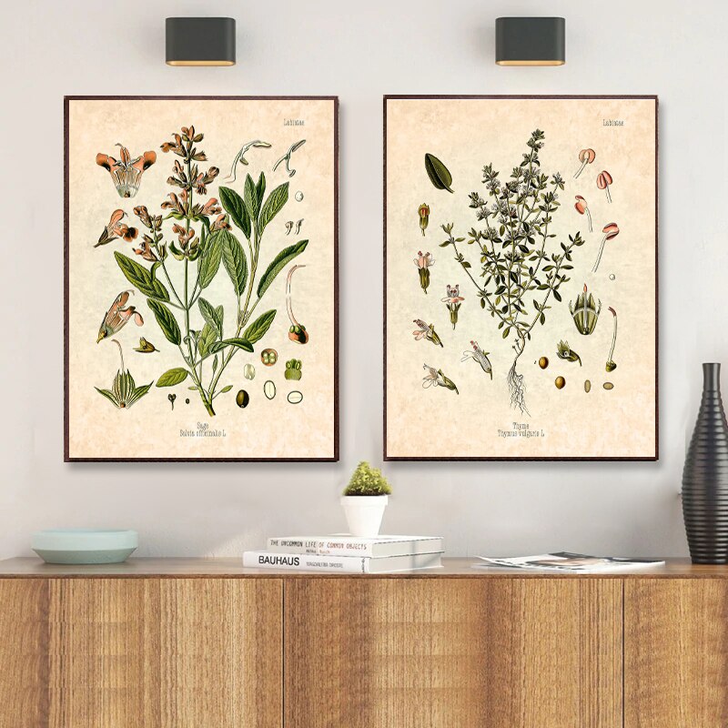 Tranh Vải Bạt Treo Tường In Hình Gia Vị Thảo Mộc Phong Cách Vintage Trang Trí Nhà Bếp