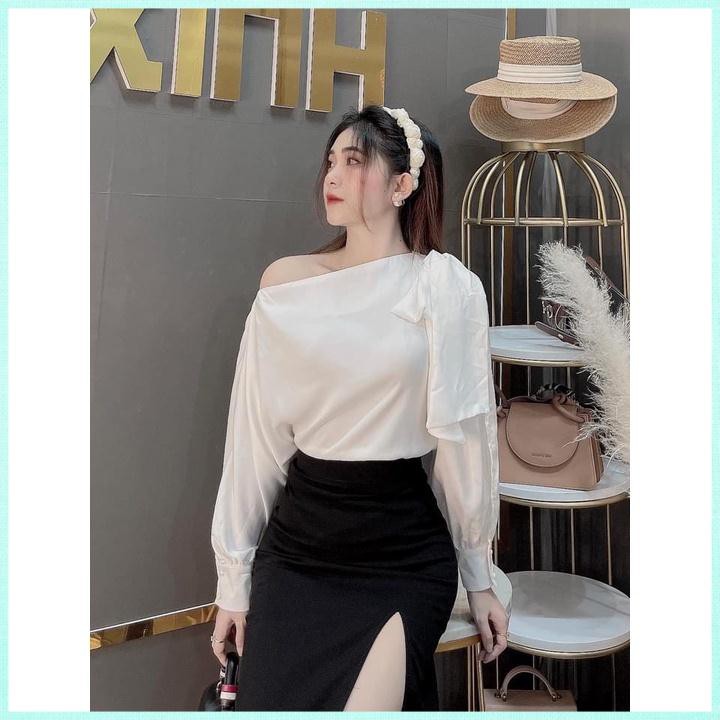 Set áo lụa mix  chân váy bút chì xẻ tà cao cấp