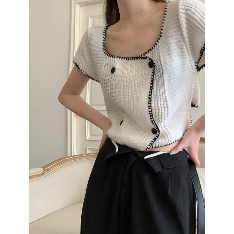 HUANG YOYO Áo cardigan Ngắn Tay Cổ Vuông Thiết Kế Độc Đáo Thời Trang Hàn Quốc Cho Nữ