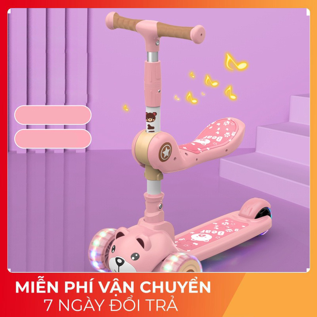 Xe Scooter Cho Bé Hình Gấu Bear Có Nhạc Và Đèn Phát Sáng, Bảo Hành 1 Đổi 1, Xe Trượt Scooter Cho Bé Chòi Chân7