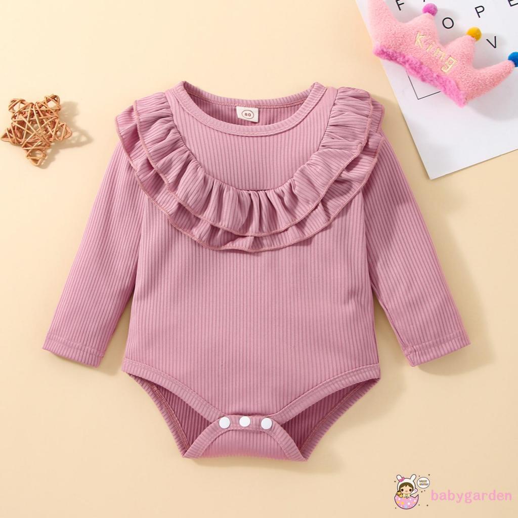 Bộ Áo Liền Quần Tay Dài Cổ Tròn Màu Trơn Dành Cho Bé Gái 3-24 Tháng Tuổi