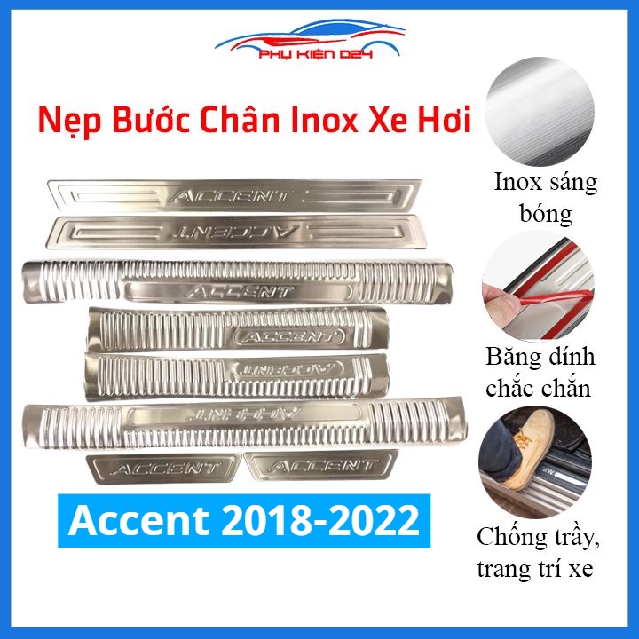 Bộ ốp bậc cửa trong ngoài nẹp bước chân Accent 2018-2019-2020-2021-2022 Inox chống trầy trang trí xe