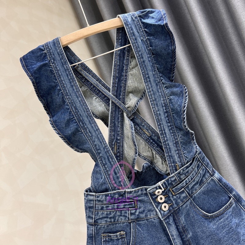 Angelcity Quần Yếm Denim Ngắn Ống Rộng Mỏng Màu Xanh Dương Thời Trang Mùa Hè 2022 Mới Dành Cho Bạn Nữ