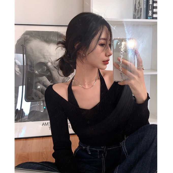 Áo Sweater Dệt Kim Tay Dài Trễ Vai Dáng Rộng Thời Trang Cho Nữ