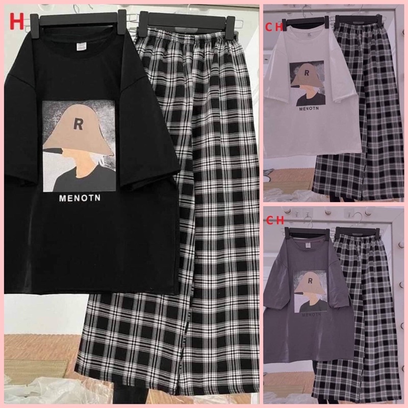 Set Bộ Quần Áo Nam nữ Unisex Cô gái đội mũ mix quần kẻ caro♥️Bộ hè hoạt hình ngắn tay mùa hè phong cách Hàn Quốc